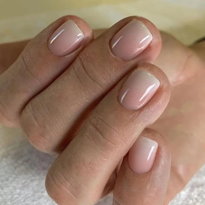 Blushimmer 24-pack square fake nail tips with pink-white gradient French press design and jelly glue for short full cover false nails.