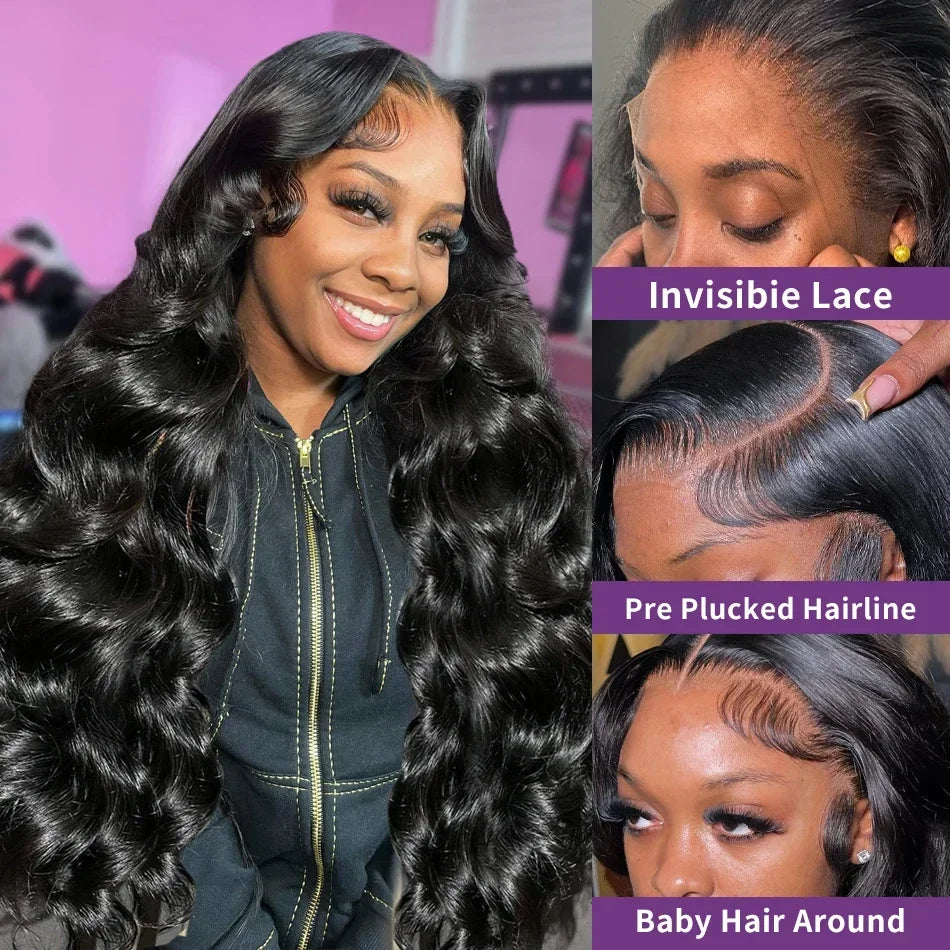 Brazilian 40-42 inch human hair wig with body wave texture, HD lace frontal, pre-plucked baby hairs, glueless, soft bouncy virgin hair