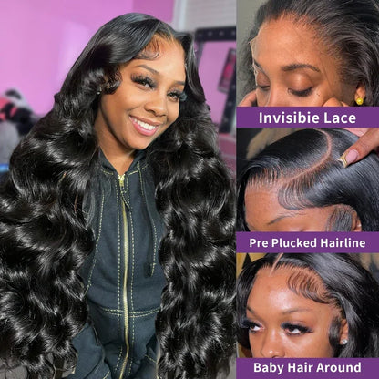 Brazilian 40-42 inch human hair wig with body wave texture, HD lace frontal, pre-plucked baby hairs, glueless, soft bouncy virgin hair