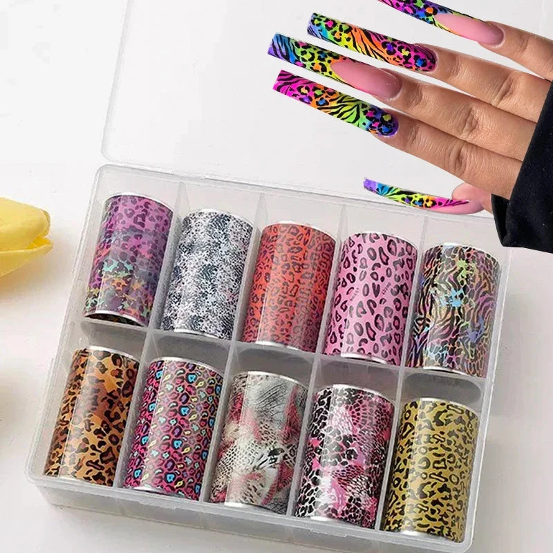 Neon jelly animal nail foils by Blushimmer with leopard print design for DIY water transfer nail art decorations.