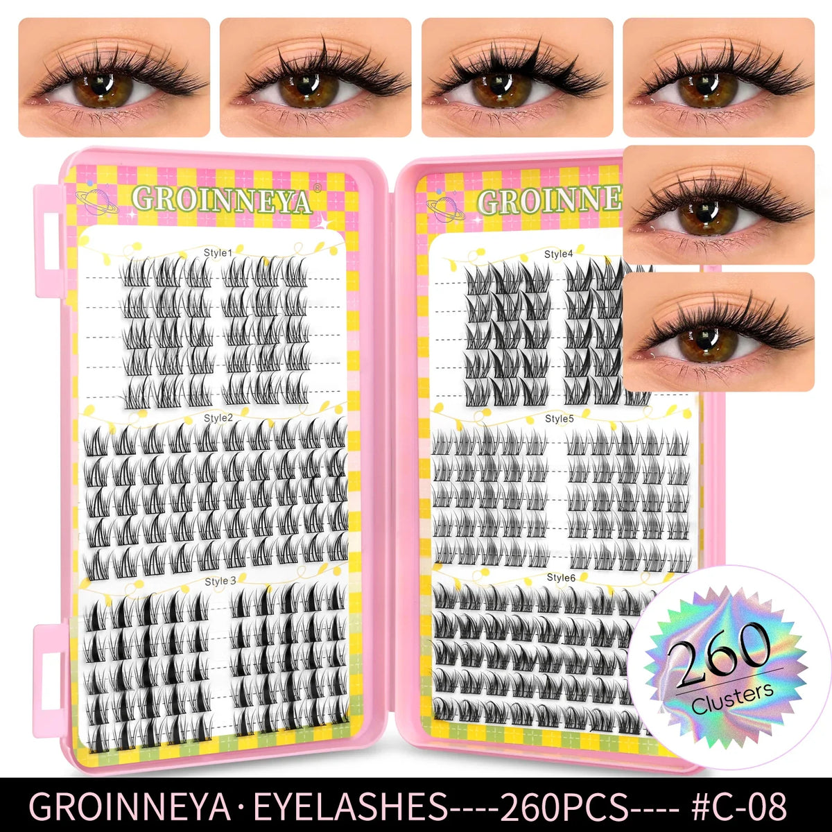 Blushimmer GROINNEYA eyelash clusters, 320 pcs natural volume lash extensions on mixed tray for professional eyelash enhancement.