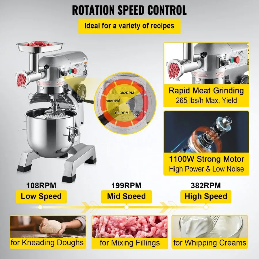 Commercial Stand Mixer 20Qt Stainless Steel Bowl 1100W 2 in 1 Multifunctional Electric Food Mixer with Meat Grinder 3 Speeds Do