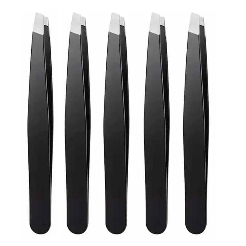 Black stainless steel eyebrow tweezer by Blushimmer with slant and flat tips for precise eyebrow shaping and ingrown hair removal.
