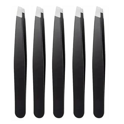 Black stainless steel eyebrow tweezer by Blushimmer with slant and flat tips for precise eyebrow shaping and ingrown hair removal.