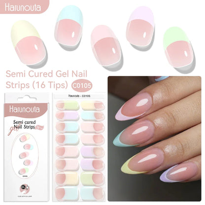 Blushimmer Harunouta 16-strip gradient red marble gel nail strips with gold lines, semi-cured DIY gel polish stickers for nails.