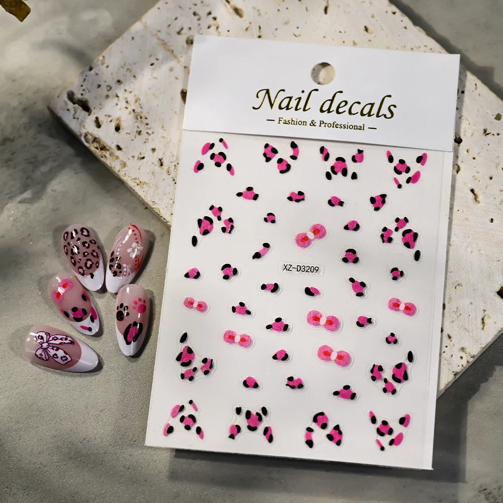 Pink and black 5D leopard print nail art stickers by Blushimmer, 8x10cm adhesive nail decals for DIY leopard manicure.