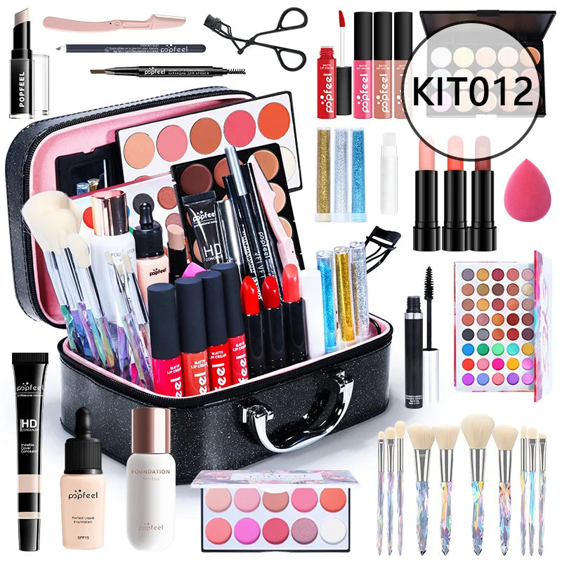 Blushimmer all-in-one makeup kit gift set with eyeshadow palette, foundation, lip gloss, blush, brushes, and eyeline in mixed colors.