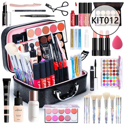 Blushimmer all-in-one makeup kit gift set with eyeshadow palette, foundation, lip gloss, blush, brushes, and eyeline in mixed colors.