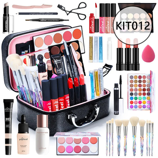 Blushimmer all-in-one makeup kit gift set with eyeshadow palette, foundation, lip gloss, blush, brushes, and eyeline in mixed colors.