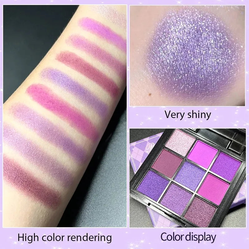 Blushimmer 9-color eyeshadow palette with bright matte, metallic, shimmer, and glitter shades for waterproof, long-lasting eye makeup.