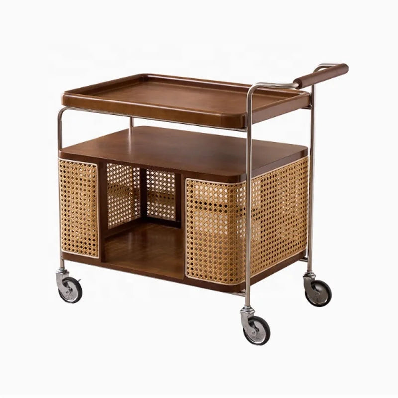 Wholesale  Modern Portable Metal Rattan Bar Mobile Restaurant Coffee Cart Luggage Serving Events Hotel Trolley