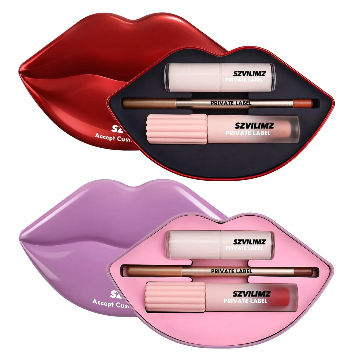 Blushimmer 3-in-1 lip makeup kit with lip gloss, pencil, liner, and balm in a gift box, featuring matte and glossy finishes.