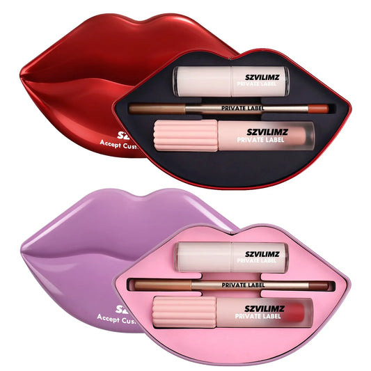 Blushimmer 3-in-1 lip makeup kit with lip gloss, pencil, liner, and balm in a gift box, featuring matte and glossy finishes.