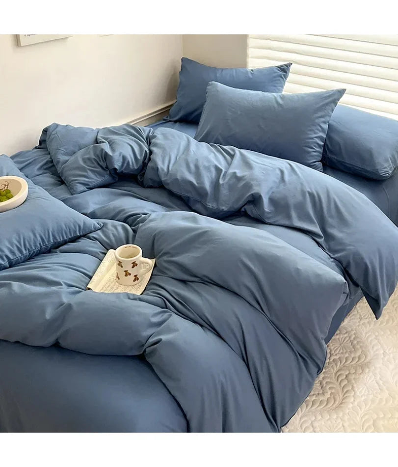 Solid Bed Linen Cotton Bedding Set with Sheet Duvet Cover Pillowcase Single Couple Bedsheet King Queen Double Twin Size