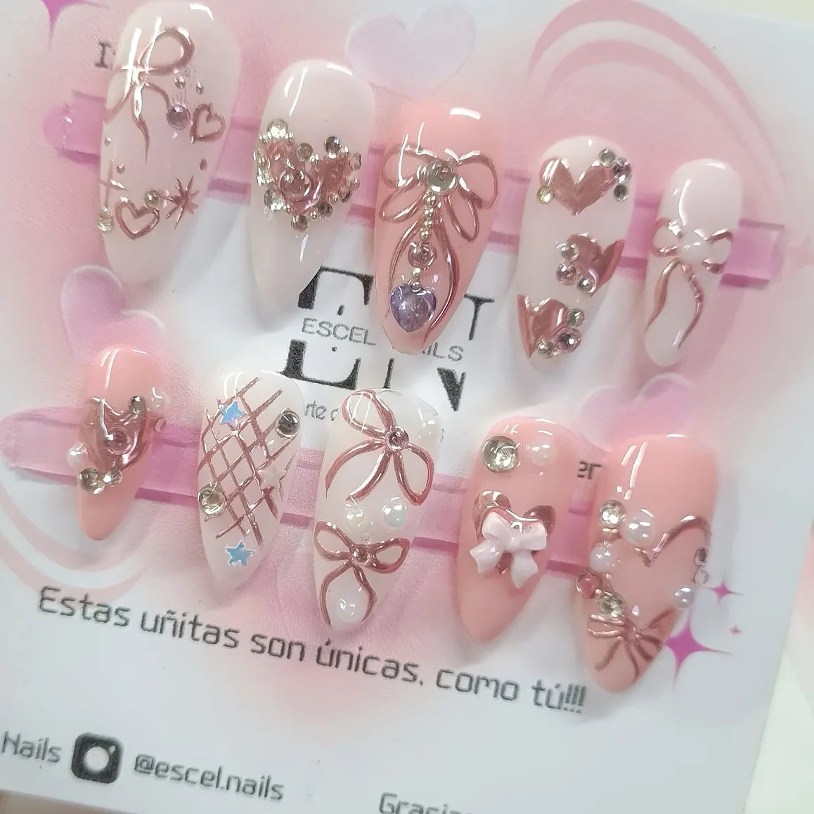 Wine red almond press-on nails with cartoon rabbit, bowknot, plaid, and pearl designs by Blushimmer for girls.