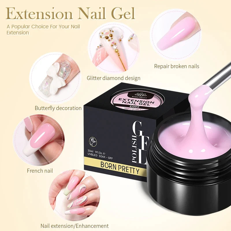 Blushimmer Born Pretty 30ml milky white hard gel for nail extensions, clear acrylic gel for soak-off UV nail construction.