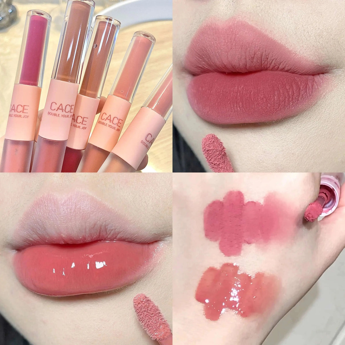Blushimmer sexy red double-head lip gloss and matte lipstick with water gloss finish, waterproof Korean lip makeup product.