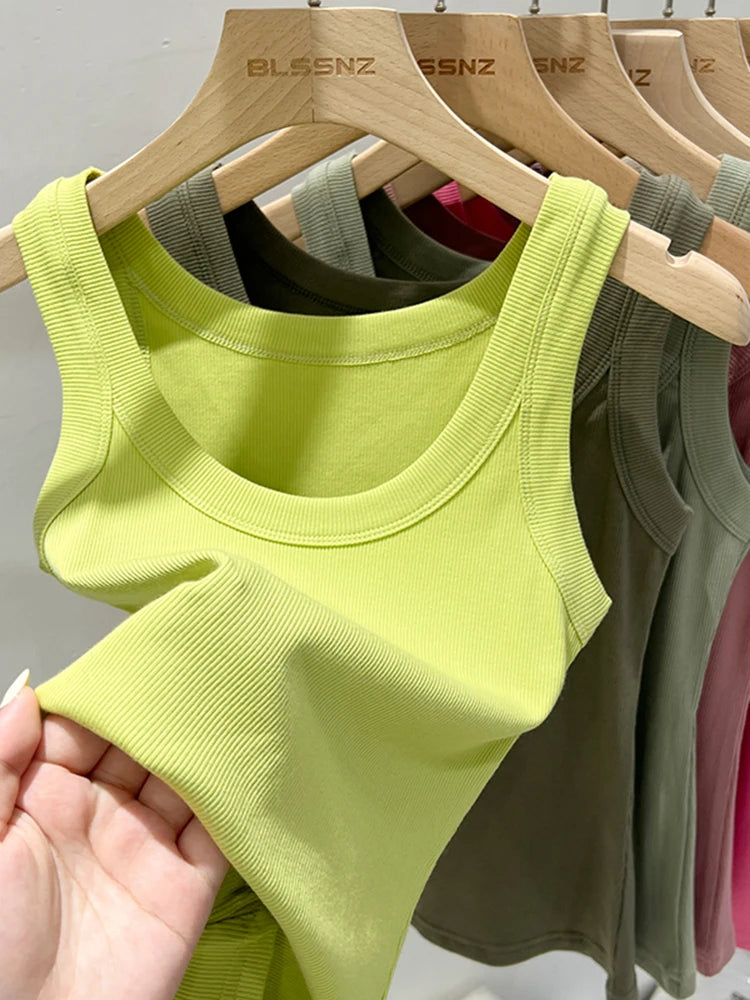 Zjaiss women's solid round neck ribbed tank top, lightweight and elastic camisole, perfect for summer, in neutral O-neck design.