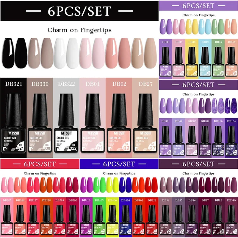 Set of six Blushimmer sparkly red gel nail polishes with shiny finish, ideal for LED/UV nail art and manicure supplies.