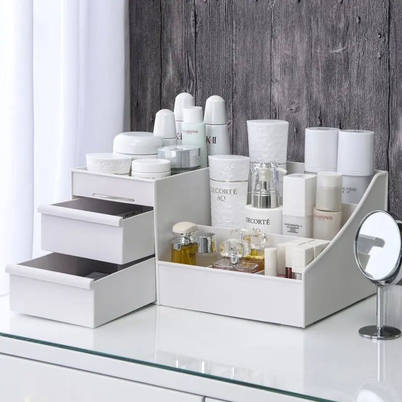 White Blushimmer plastic makeup storage box with drawers, ideal for dressing tables and cosmetic organization.