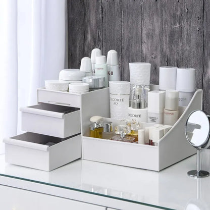 White Blushimmer plastic makeup storage box with drawers, ideal for dressing tables and cosmetic organization.