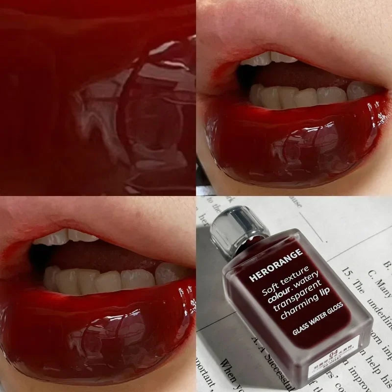 Blushimmer Punk Juice Red Lip Gloss with black mirror finish, water-light lip glaze, and clear tint for glossy, waterproof lip makeup.