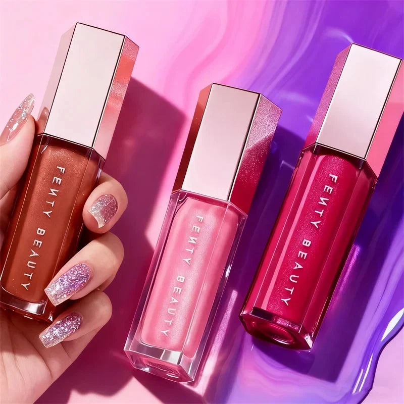 Fenty Beauty Mauve Wive Lip Gloss by Blushimmer, nude pink waterproof liquid lipstick with glossy finish on lips.