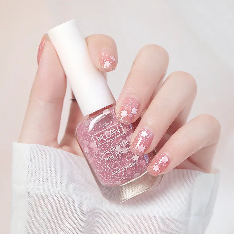 Blushimmer 10ml water-based nail polish in a clear bottle, showcasing vibrant semi-permanent, quick-dry, tearable nail varnish for DIY manicures.
