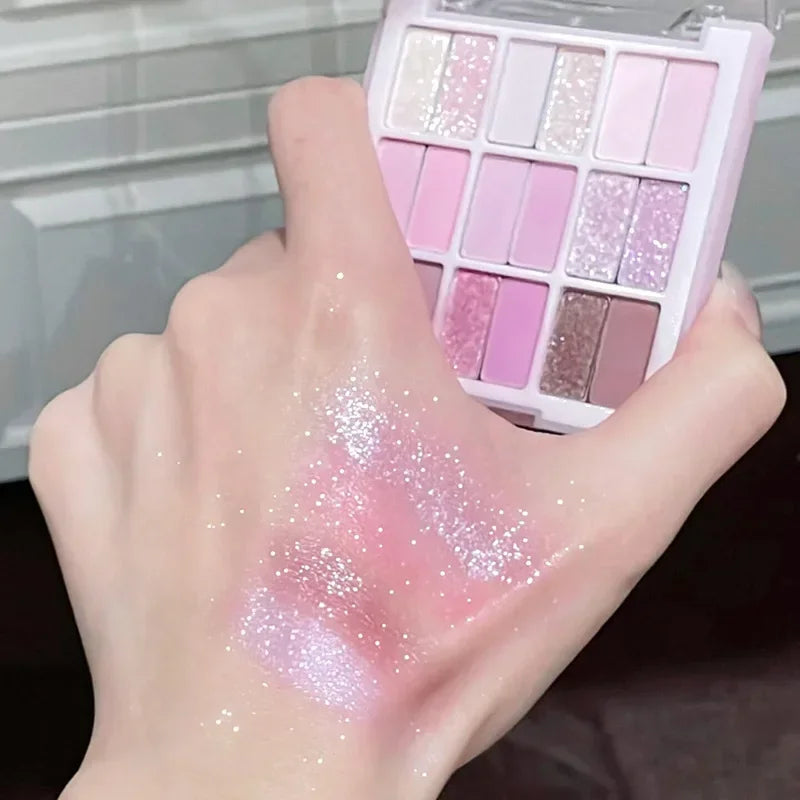 Blushimmer 18-color color blocking eyeshadow palette with pink and purple shades, perfect for summer ice cream-inspired makeup looks.