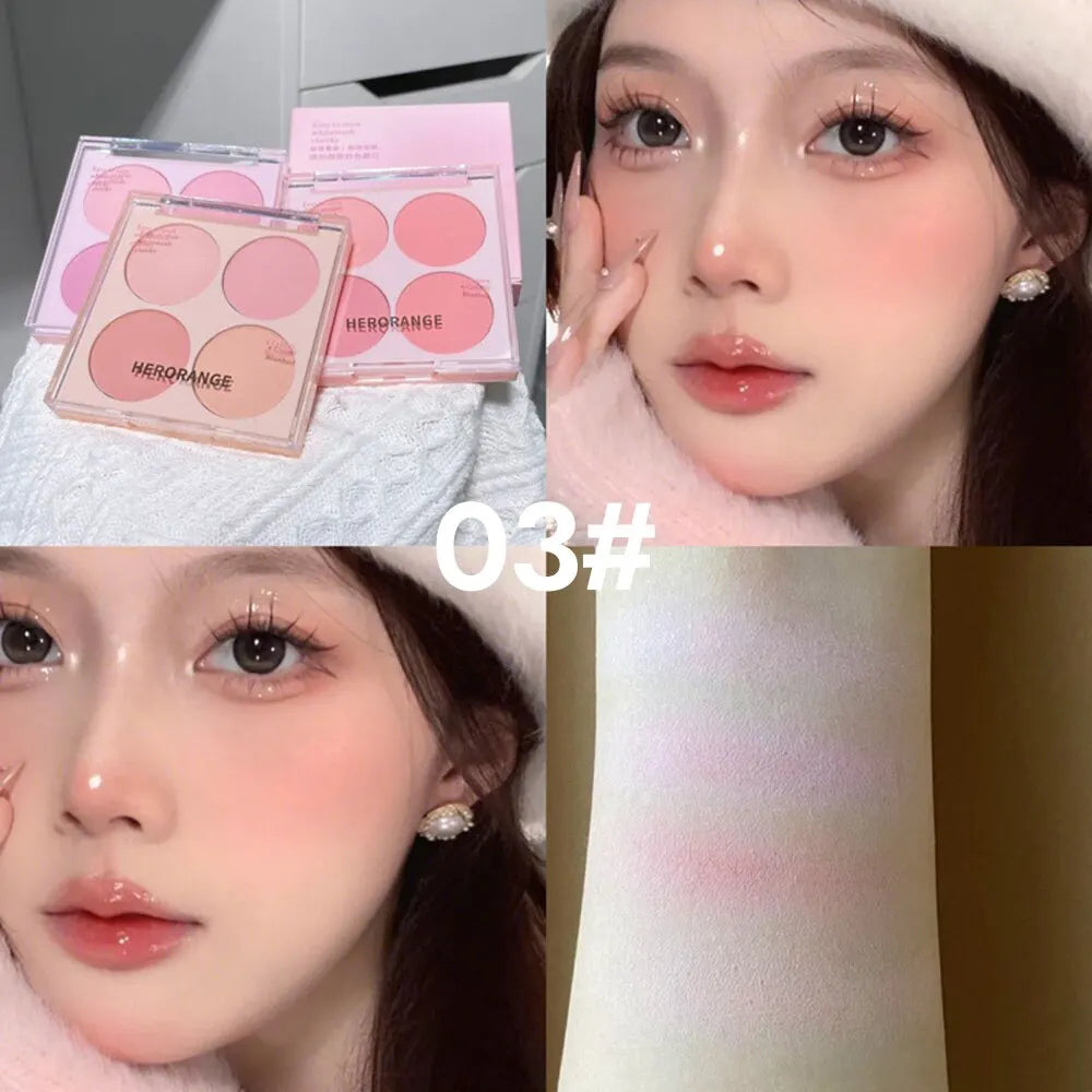 Blushimmer 4-color blush powder set with warm matte cheek shades for face makeup and facial beauty application.