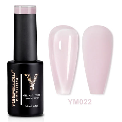Blushimmer YOKEFELLOW 10ml translucent pink gel nail polish with glossy finish, soak-off UV gel for long-lasting manicure.