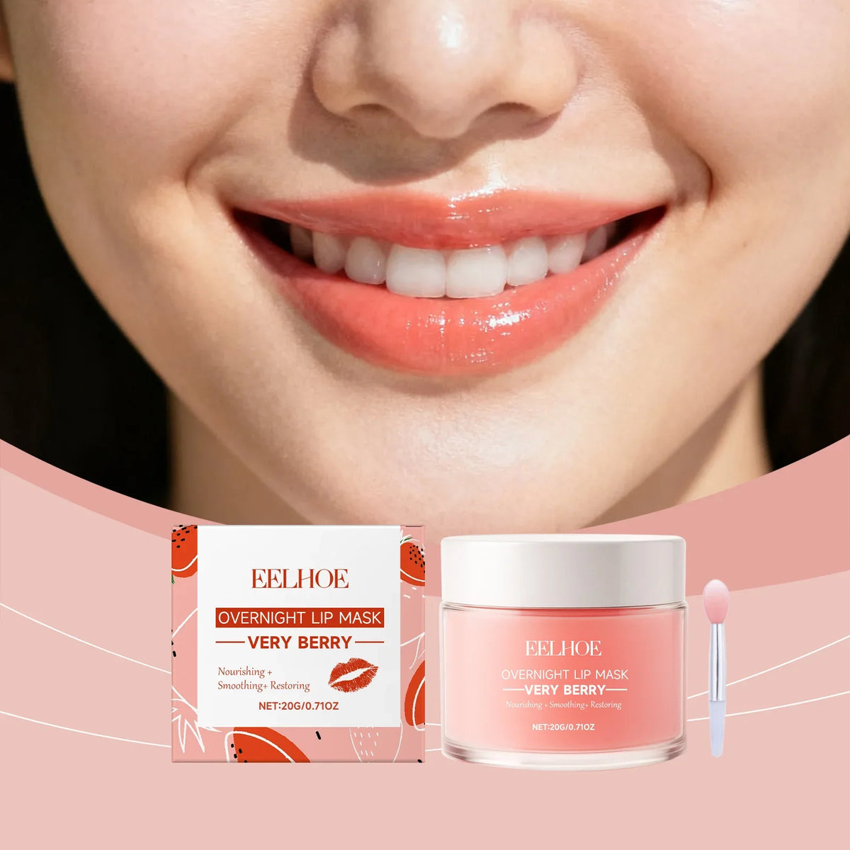 Blushimmer Berry Moisturizing Sleep Lip Mask in a jar, showing the hydrating, lightweight, non-sticky lip care product.
