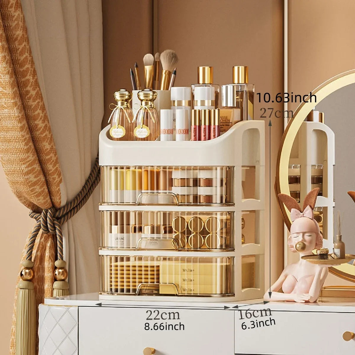 Blushimmer multi-layer makeup storage box with compartments for cosmetics, skincare, eyeshadow, lotions, and lipstick on a dresser or bathroom counter