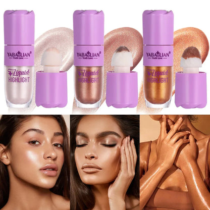 Blushimmer liquid highlighter and bronzer in three shades for face contouring, highlighting, and shimmering makeup.