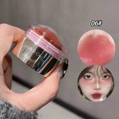 Blushimmer purple blush stick with peach pink tone, soft creamy face blusher for brightening and contouring cheeks.