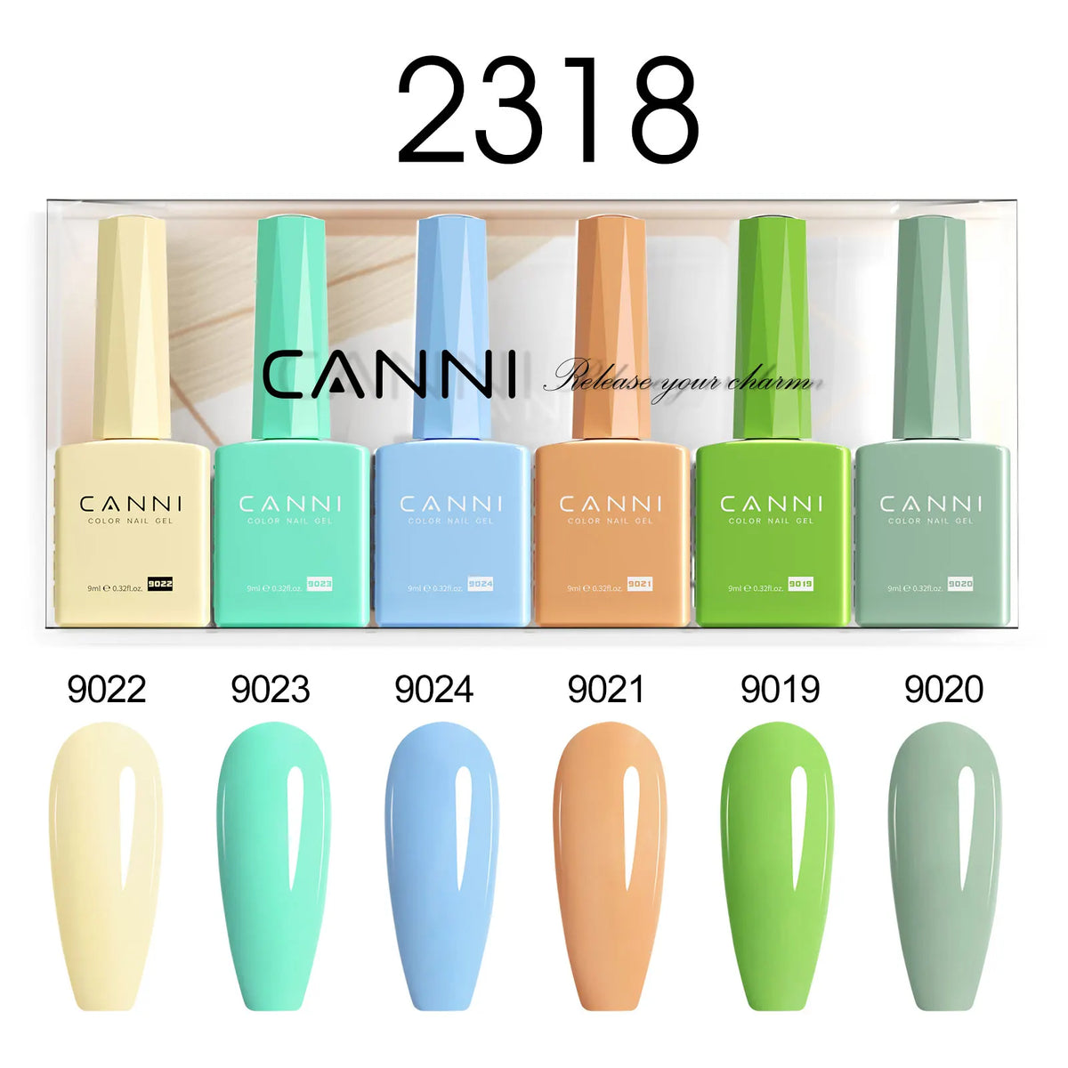 Blushimmer CANNI HEMA free nail gel polish set with 6 semi-permanent, pigmented UV/LED gel nails in vibrant colors, soak-off formula.