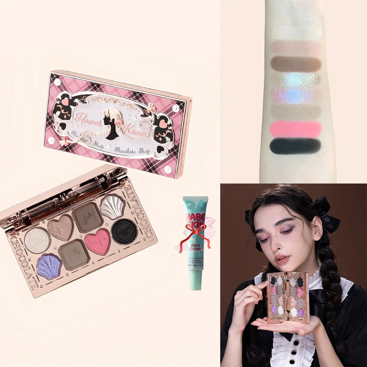 Blushimmer Flower Knows Chocolate Wonder-Shop 8-color eyeshadow palette with warm brown and neutral shades, shown open with eyeshadows visible.