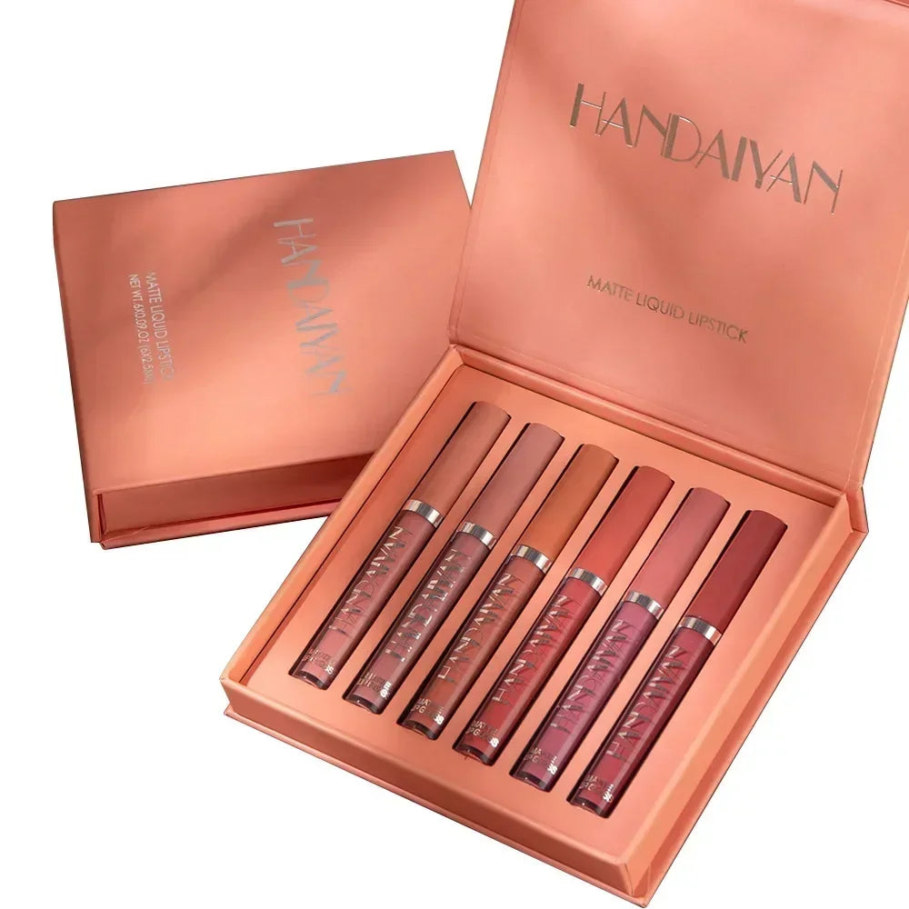 Blushimmer HANDAIYAN 6-piece lipstick set featuring matte, waterproof, long-lasting lipsticks for women with non-stick cup design.