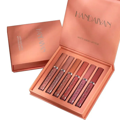 Blushimmer HANDAIYAN 6-piece lipstick set featuring matte, waterproof, long-lasting lipsticks for women with non-stick cup design.