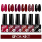 Blushimmer MTSSII 6-piece set of sparkly red gel nail polish bottles with shiny finish and LED/UV compatible nail art supplies.