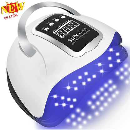 Blushimmer acrylic nail kit with UV lamp, glitter gel, poly nail gel, and manicure tools for nail extensions and building gel.