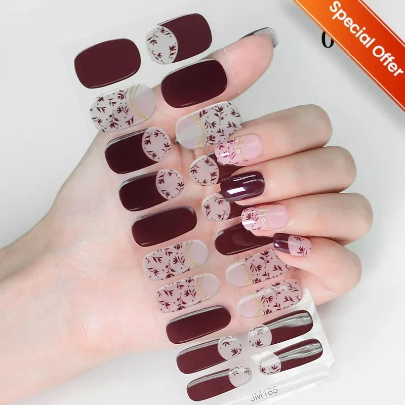 Blushimmer 20 Tips gradient French semi-cured gel nail stickers with full cover nail gel polish wraps for manicure decoration.
