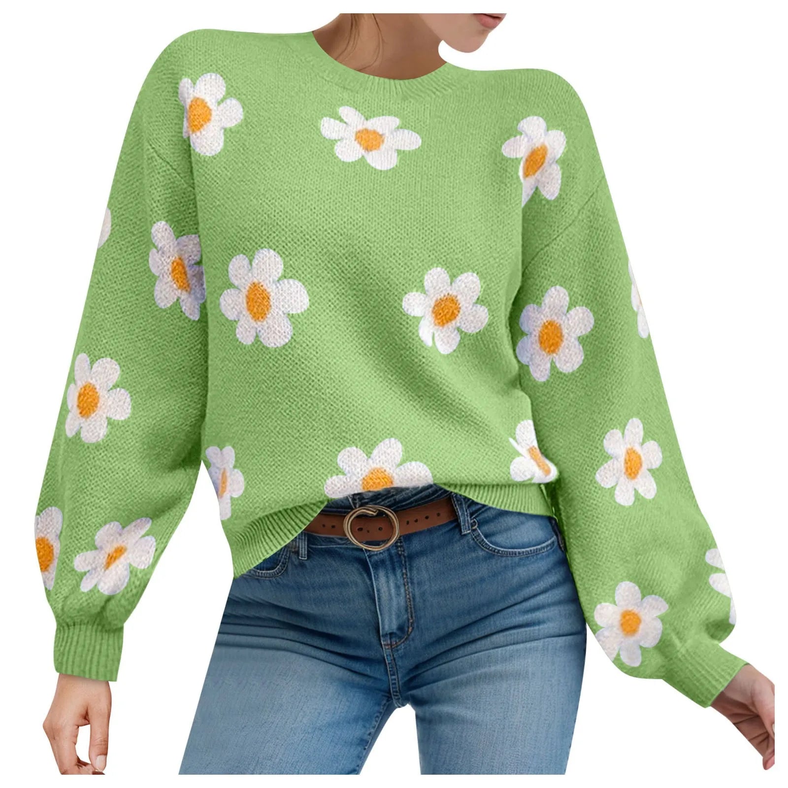 2024 Fall Sweater Women Fashion Round Neck Flower Printed Long Sleeve Ribbed Knitted Pullover Popular Top Autumn Winter Outfits