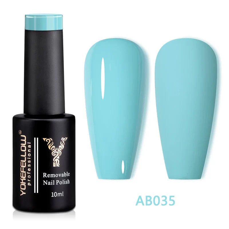 Blushimmer YOKEFELLOW 10ml translucent pink gel nail polish in a clear bottle, showcasing soak-off UV gel varnish for long-lasting nails
