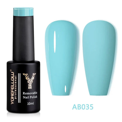 Blushimmer YOKEFELLOW 10ml translucent pink gel nail polish in a clear bottle, showcasing soak-off UV gel varnish for long-lasting nails