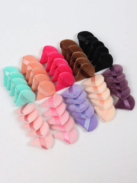 Set of 10 velvet mini triangle makeup powder puffs by Blushimmer, soft sponges for face contouring, eyes, and small areas.