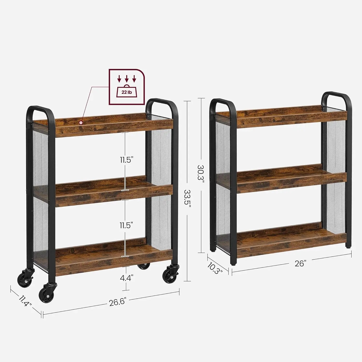 3-Tier Slim Rolling Cart with Wheels, Adjustable Feet, Steel Frame for Kitchen and Laundry Room in Rustic Brown