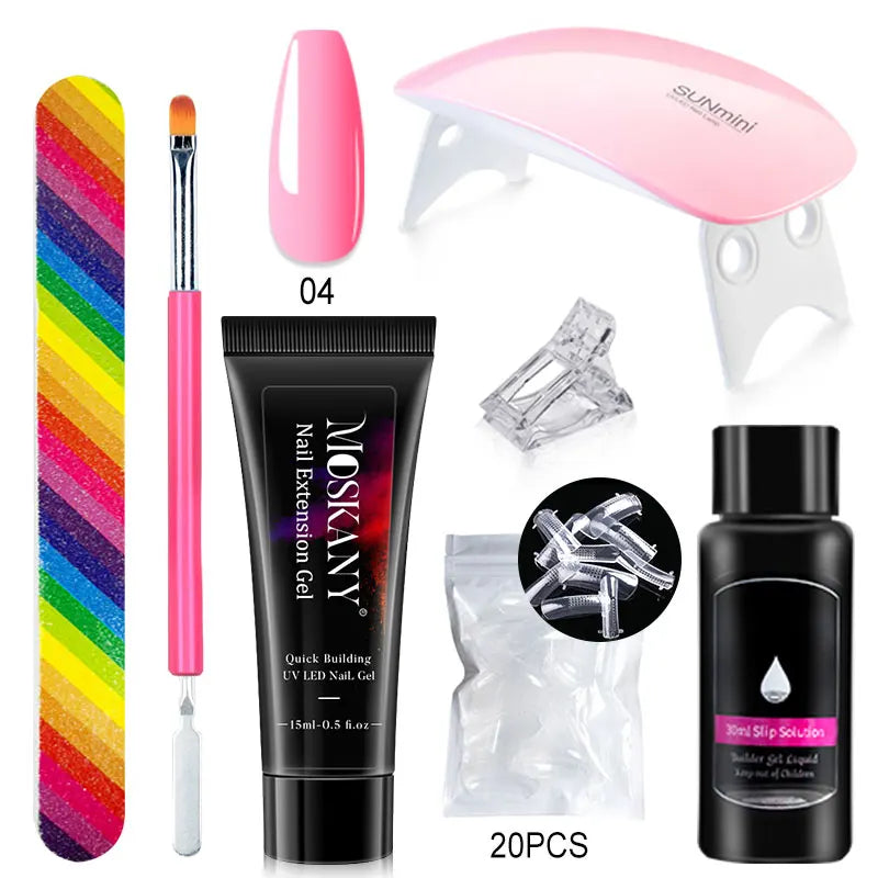 Blushimmer poly nail gel full set with 6W LED lamp, beginner manicure kit with nail tips, 3D design, decoration, and extension tools.