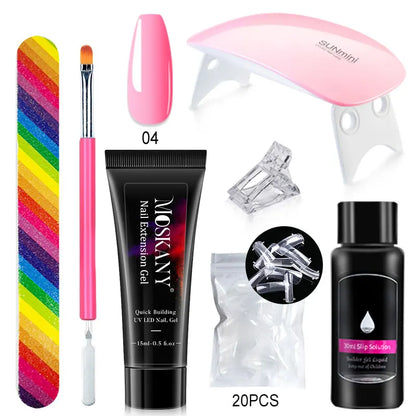 Blushimmer poly nail gel full set with 6W LED lamp, beginner manicure kit with nail tips, 3D design, decoration, and extension tools.