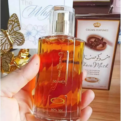 Blushimmer 50ml women's luxury perfume with chocolate, musk, rose, and vanilla notes in elegant Arabian Dubai cologne bottle